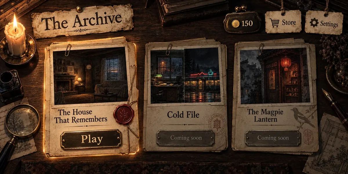 The game's archive interface, styled like an old case file