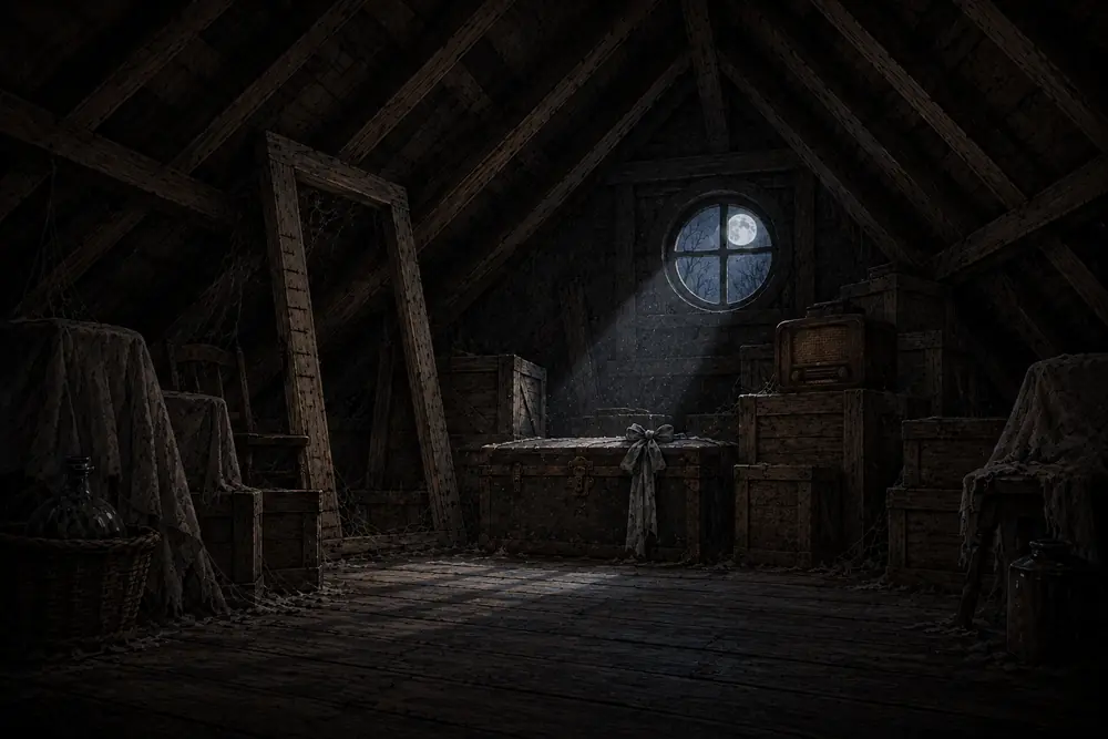 Moonlight falls through the attic window
