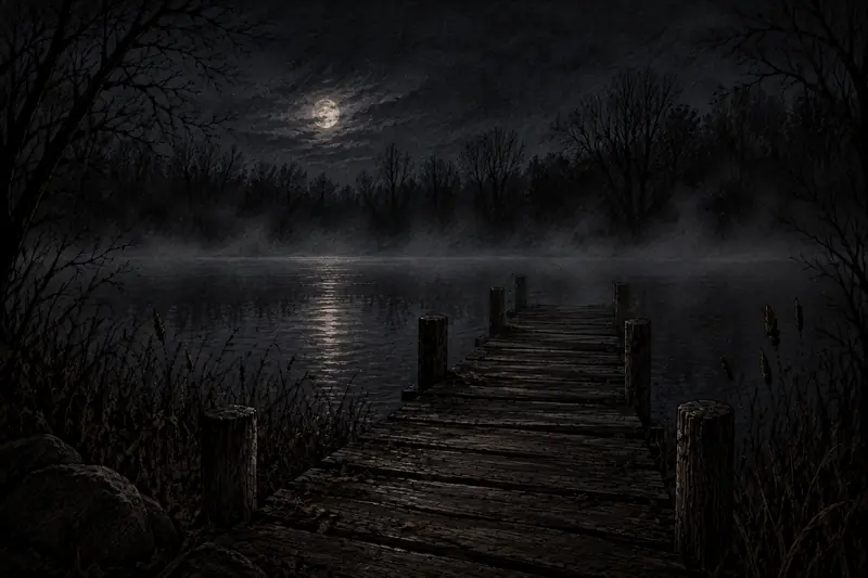 A quiet dock on the lake at night